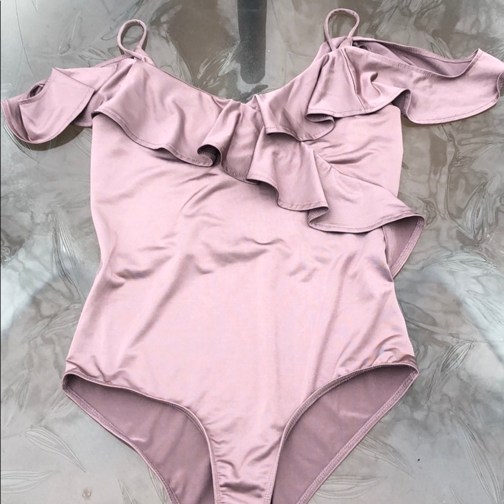 Purple Ruffle body suit with built-in bra Size M